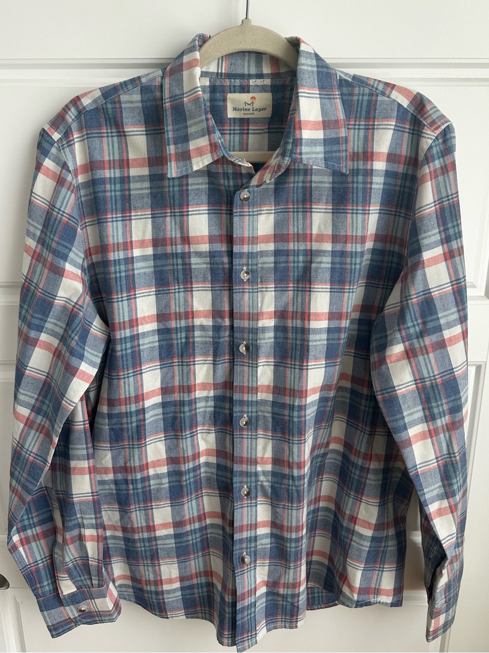 Marine Layer Men's Blue & Red Plaid Button-Up Shirt Size Medium